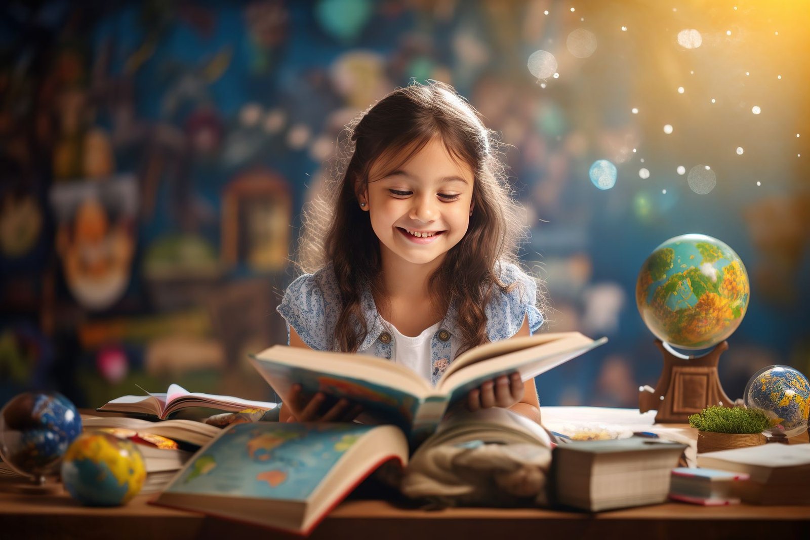 Menina sorrindo enquanto lê um livro, cercada de livros e globos terrestres