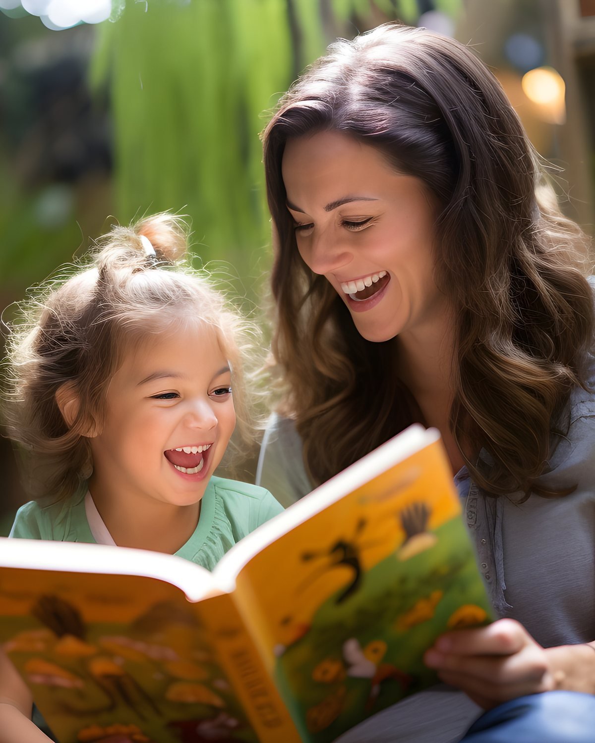 Mãe e filha rindo juntas enquanto leem um livro ilustrado ao ar livre